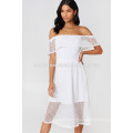 Off Shoulder Short Sleeve White Lace Layered Midi Summer Dress Manufacture Wholesale Fashion Women Apparel (TA0240D)